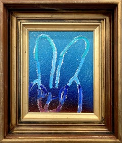 "Hombre" Conejito de contorno azul claro sobre fondo degradado Pintura al óleo Enmarcada