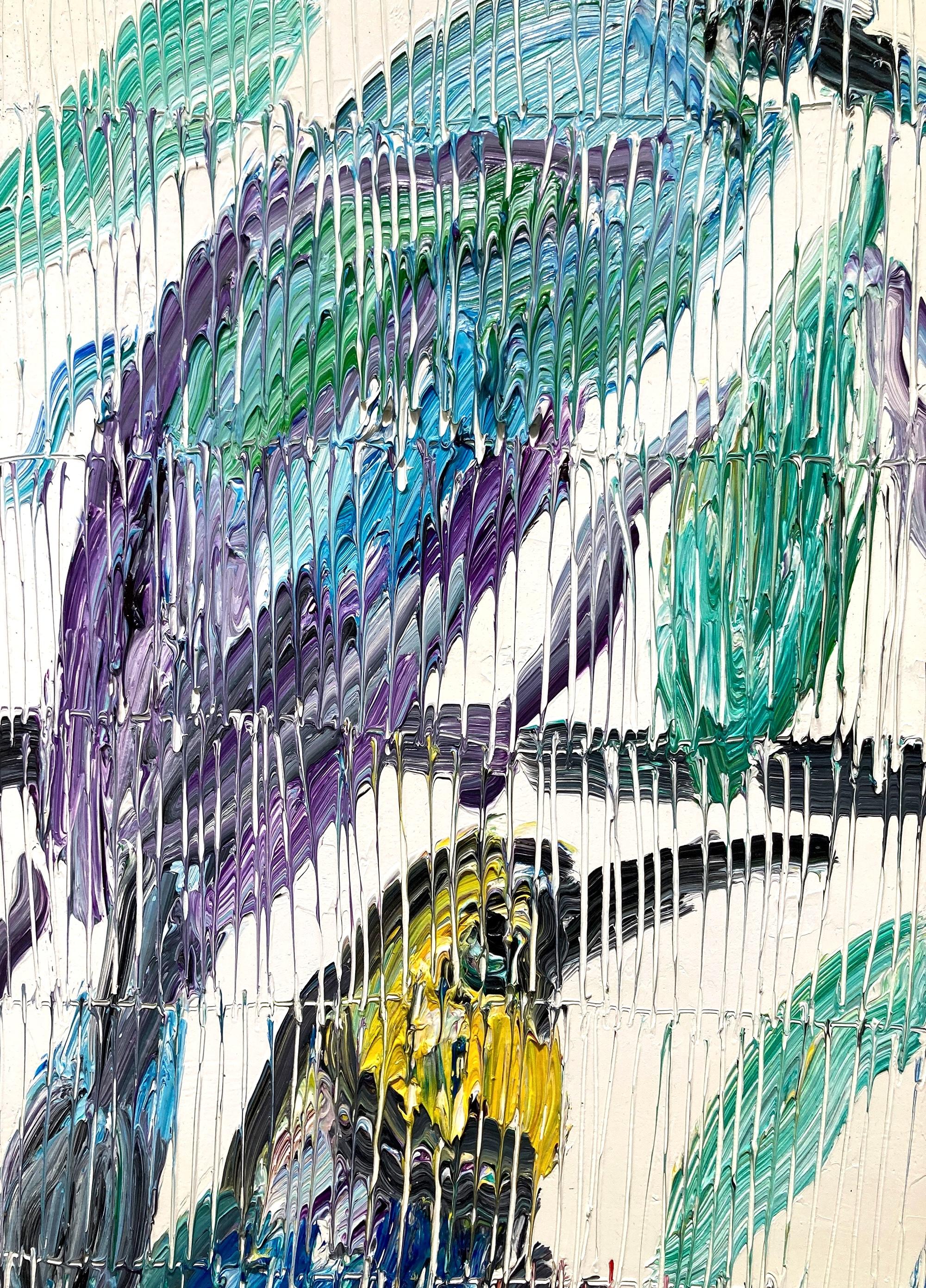 A wonderful composition of one of Slonem's most iconic subjects of birds. The thick use of paint is greatly recognizable as he slathers on layer after layer of oil paint with multicolors with a white rich background. He then draws in these whimsical