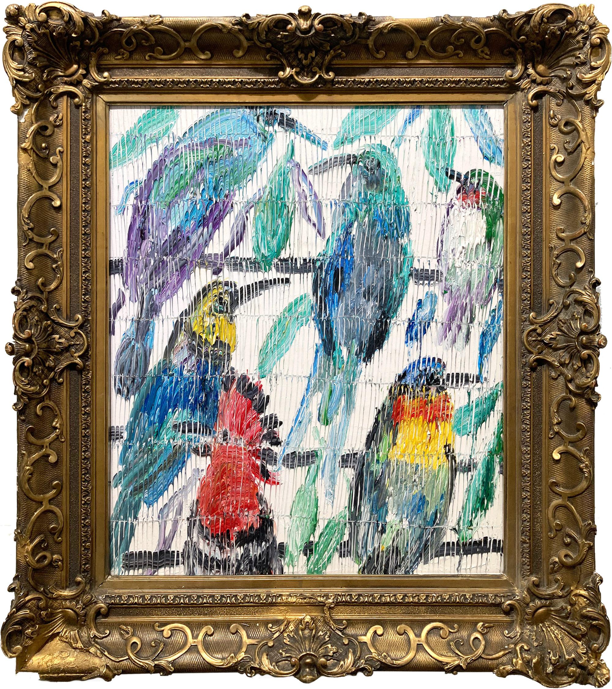 Hunt Slonem Animal Painting - "Hoopoe" Multicolored Birds with White Background Oil Painting on Wood Framed