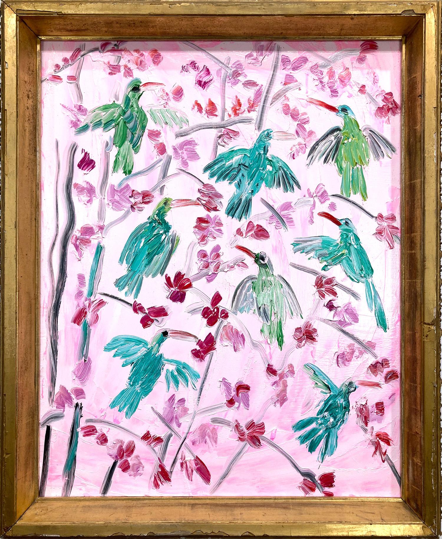 Hunt Slonem Animal Painting - "Humming Birds Spring Bloom" Pink Background Oil Painting on Wood Panel Framed