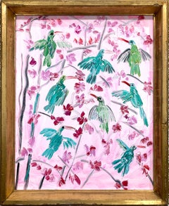 "Humming Birds Spring Bloom" Pink Background Oil Painting on Wood Panel Framed