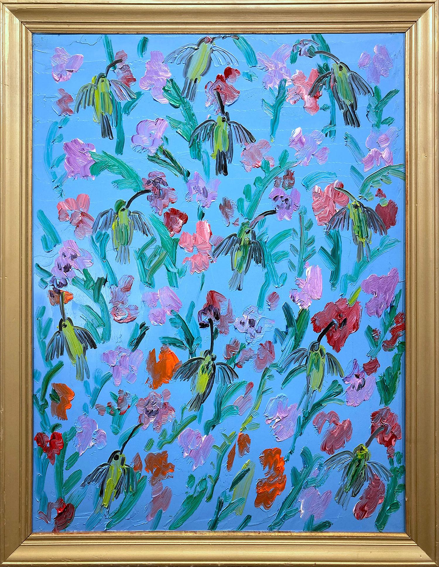 Animal Painting Hunt Slonem - "Hummingbirds Bouganvilla" Peinture à l'huile sur panneau de bois encadrée, fond bleu ciel