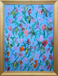 „Hummingbirds Bouganvilla“ Himmelblaues Ölgemälde auf Holzplatte, gerahmt