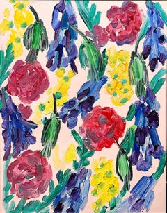 "Hummingbirds Larkspeer" French Pink Background Oil Painting Wood Panel Framed