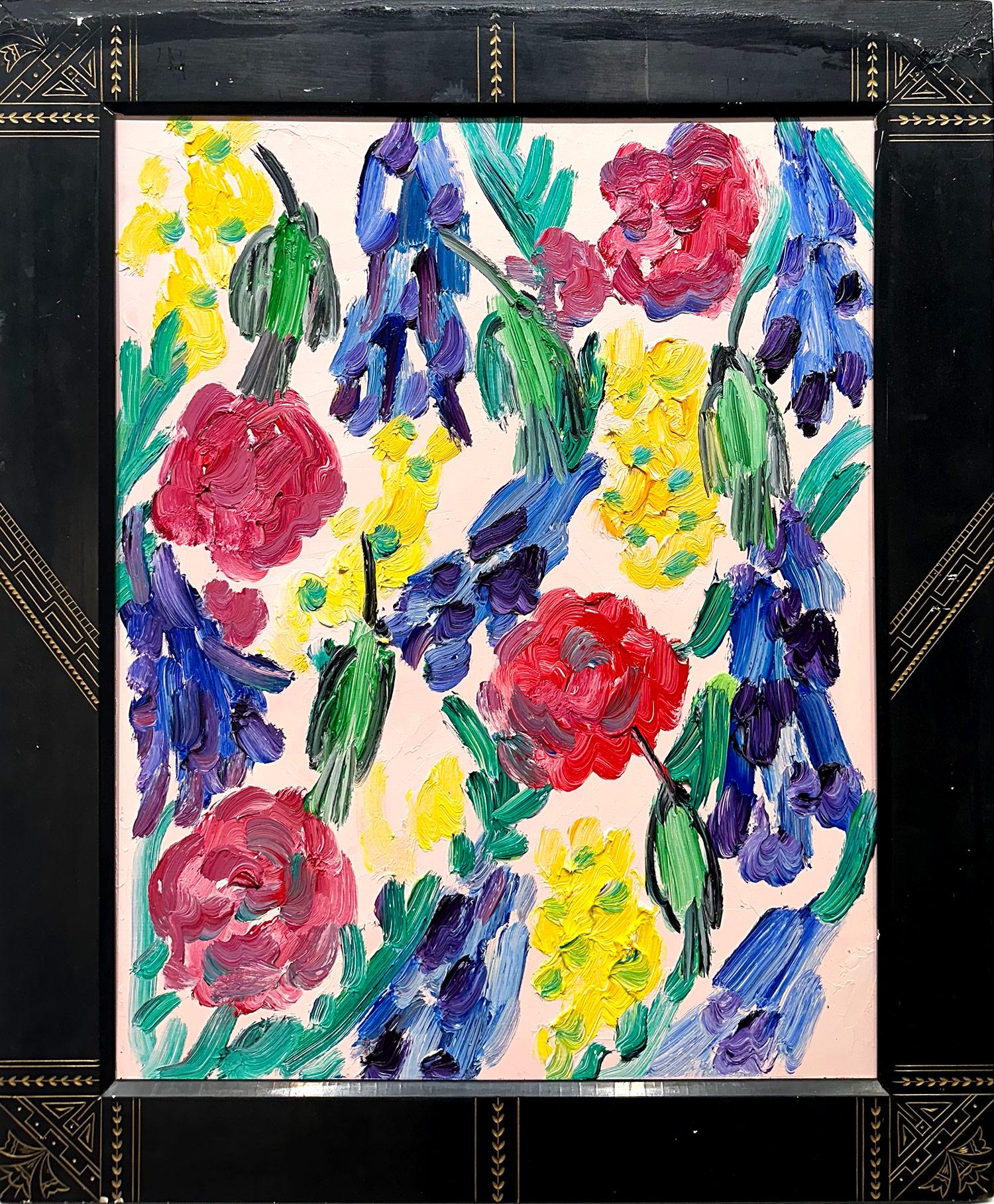 Abstract Painting di Hunt Slonem - "Colibrì Larkspeer" Pittura a olio con sfondo rosa francese, pannello di Wood con cornice