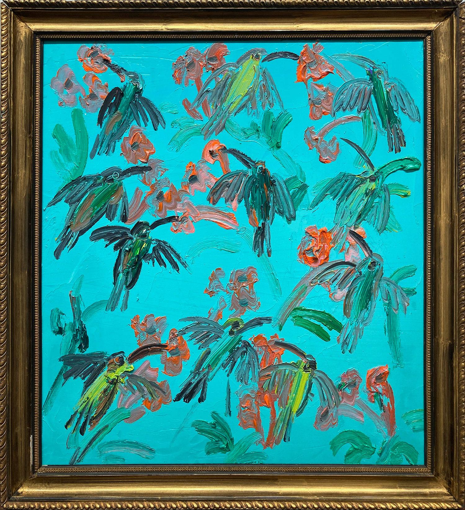 Hunt Slonem Abstract Painting - "Hummingbirds Trumpet 2" Green Birds Coral Pink Background Oil Painting on Wood