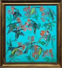 "Hummingbirds Trumpet 2" Green Birds Coral Pink Background Oil Painting on Wood