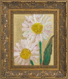 Hunt Slonem "2 Blossoms (Daisy's)" Flowers on Gold Background
