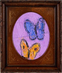 Hunt Slonem, "2 Fly", 10x8 White Butterfly Oil Painting in Antique Frame