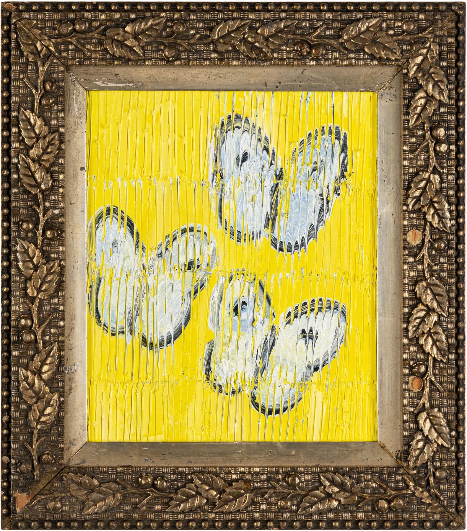 Hunt Slonem "3 Flights" White Butterflies on Yellow
Black outlined white butterflies on a yellow etched background in an antique frame.

Unframed: 12.5 x 10.5 inches
Framed: 17.5 x 15.5 inches
*Painting is framed - Please note Hunt Slonem paintings