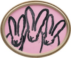 Hunt Slonem "3 en rosa Creer" Cuadro original de conejitos al óleo