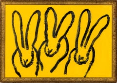 Hunt Slonem "3 Play Monday" Neoexpressionist Bunnies Framed Oil on Wood Painting