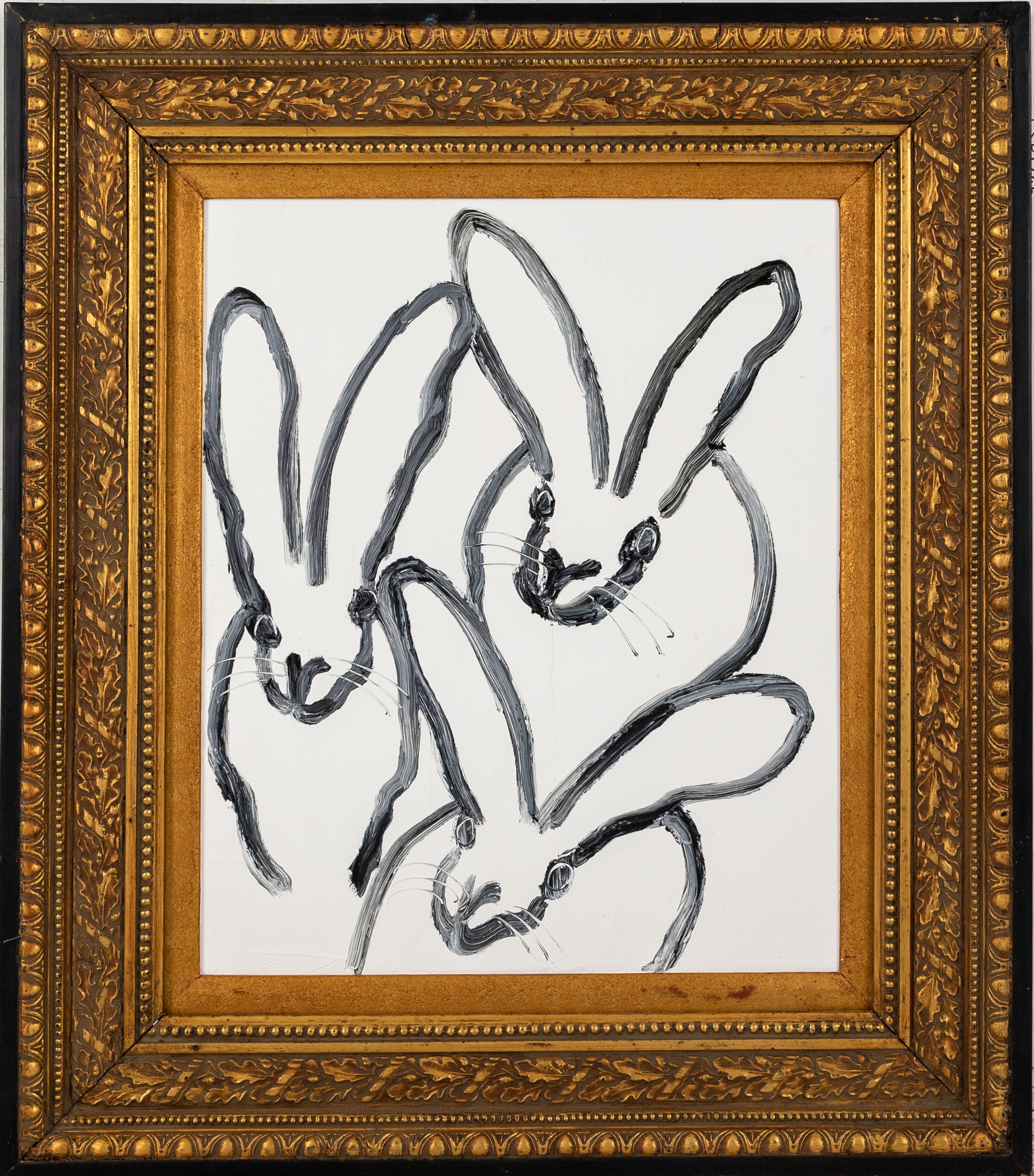 Hunt Slonem "3 Play" Three Bunnies
Three black gestured bunnies on a white background in an antique frame

Unframed: 10 x 8 inches  
Framed: 13.38 x 11.38 inches
*Painting is framed - Please note that not all Hunt Slonem frames are not in mint