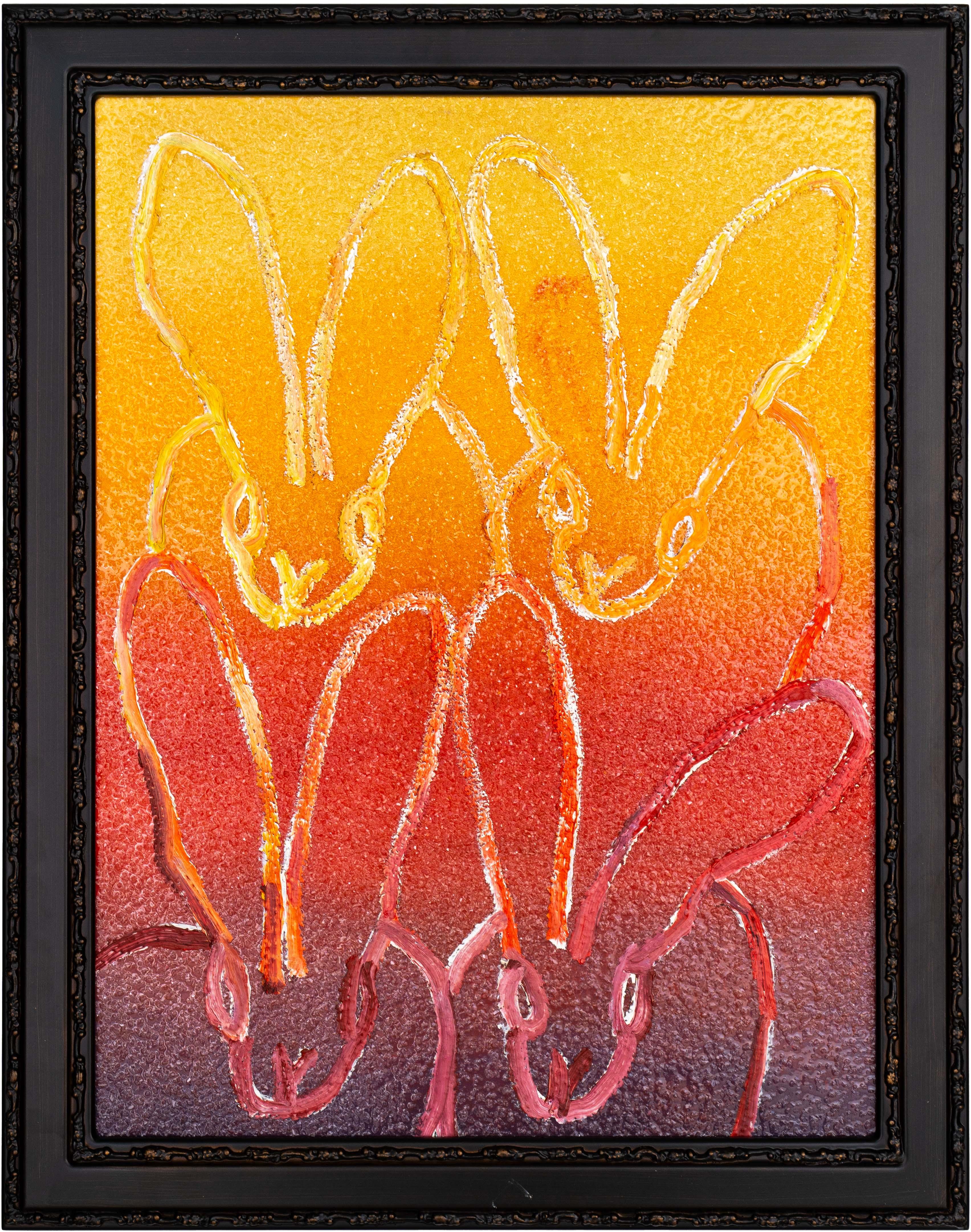 Hunt Slonem "4 Hombre" Lapins de poussière à diamants orange et rouge
Une famille de quatre lapins en orange, rouge, jaune et violet Diamond Dust dans un cadre vintage.

Sans cadre : 21.5 x 16.5 pouces
Encadré : 24.5 x 19.5 pouces
*Les peintures