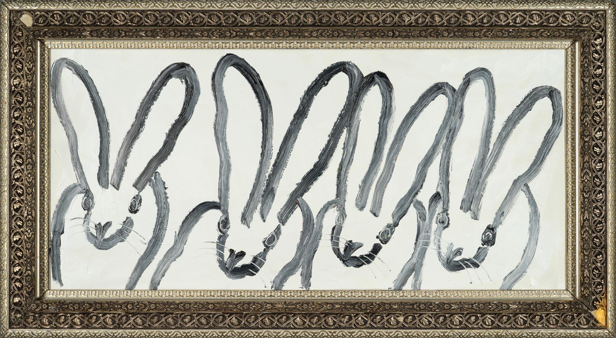 "4 Play 14" is a framed oil painting on wood by Hunt Slonem, depicting 4 rabbits in painterly contour lines set against a simple white background. 

This piece is finished in an antique frame, which has been hand-selected by the artist for this