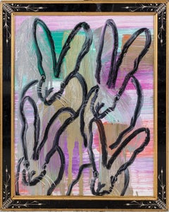 Hunt Slonem "4 Play" Black Outline Bunnies On Rainbow Metallic