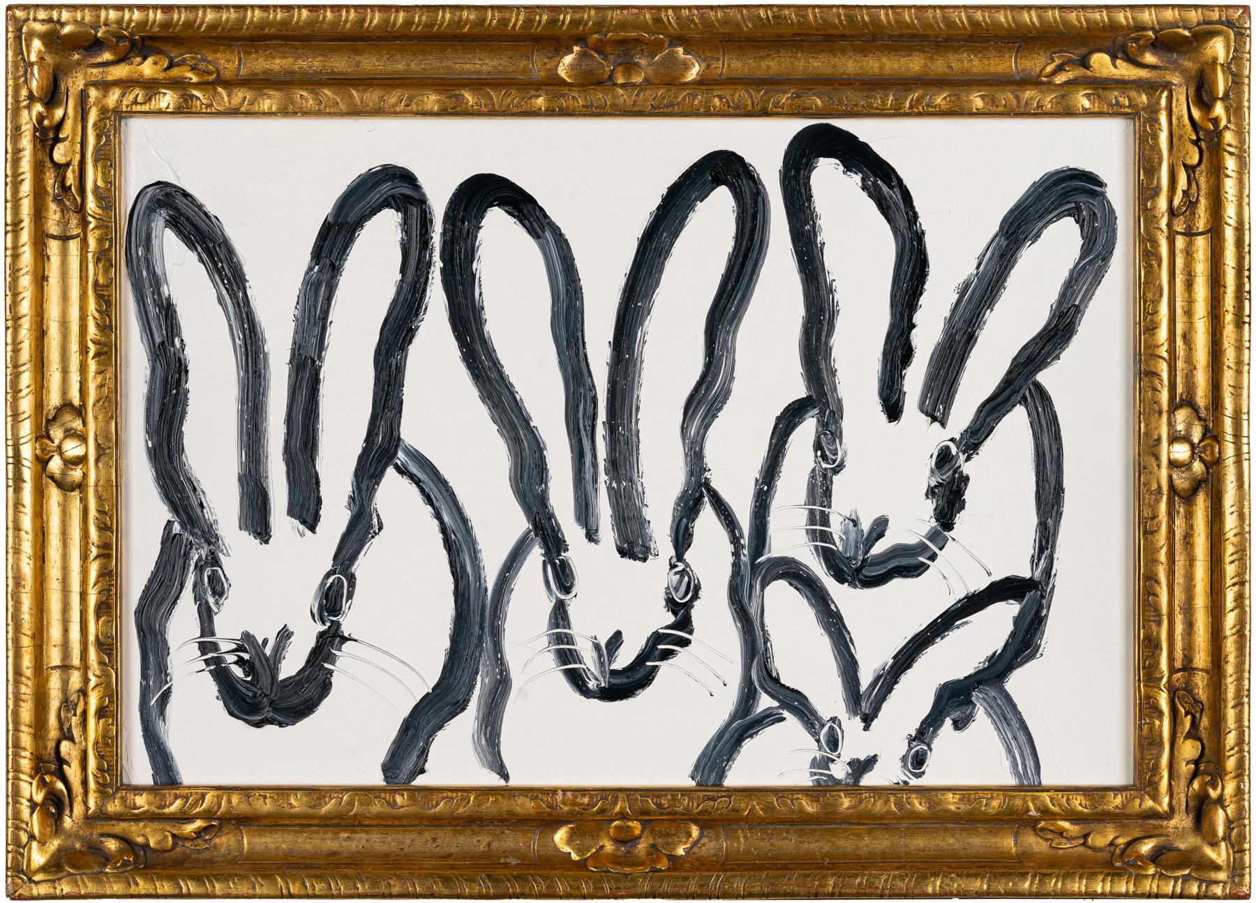 Hunt Slonem "4 Score" Bunnies on White
Gestured bunnies in black on a white background frame in an antique gold frame. 

Unframed: 16 x 23.5 inches
Framed: 20.5 x 28.5 inches
*Painting is framed - Please note Hunt Slonem paintings with frames may