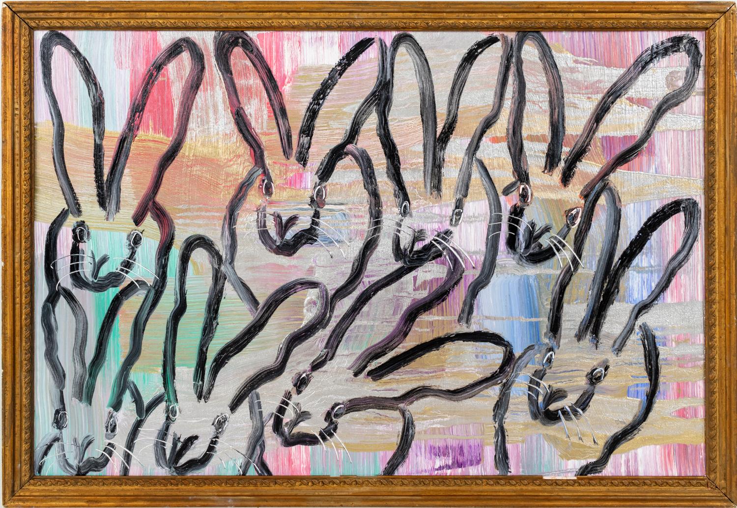 Hunt Slonem "7+1 Chinensis" Multiple Black Outline Bunnies On Multicolor Surface