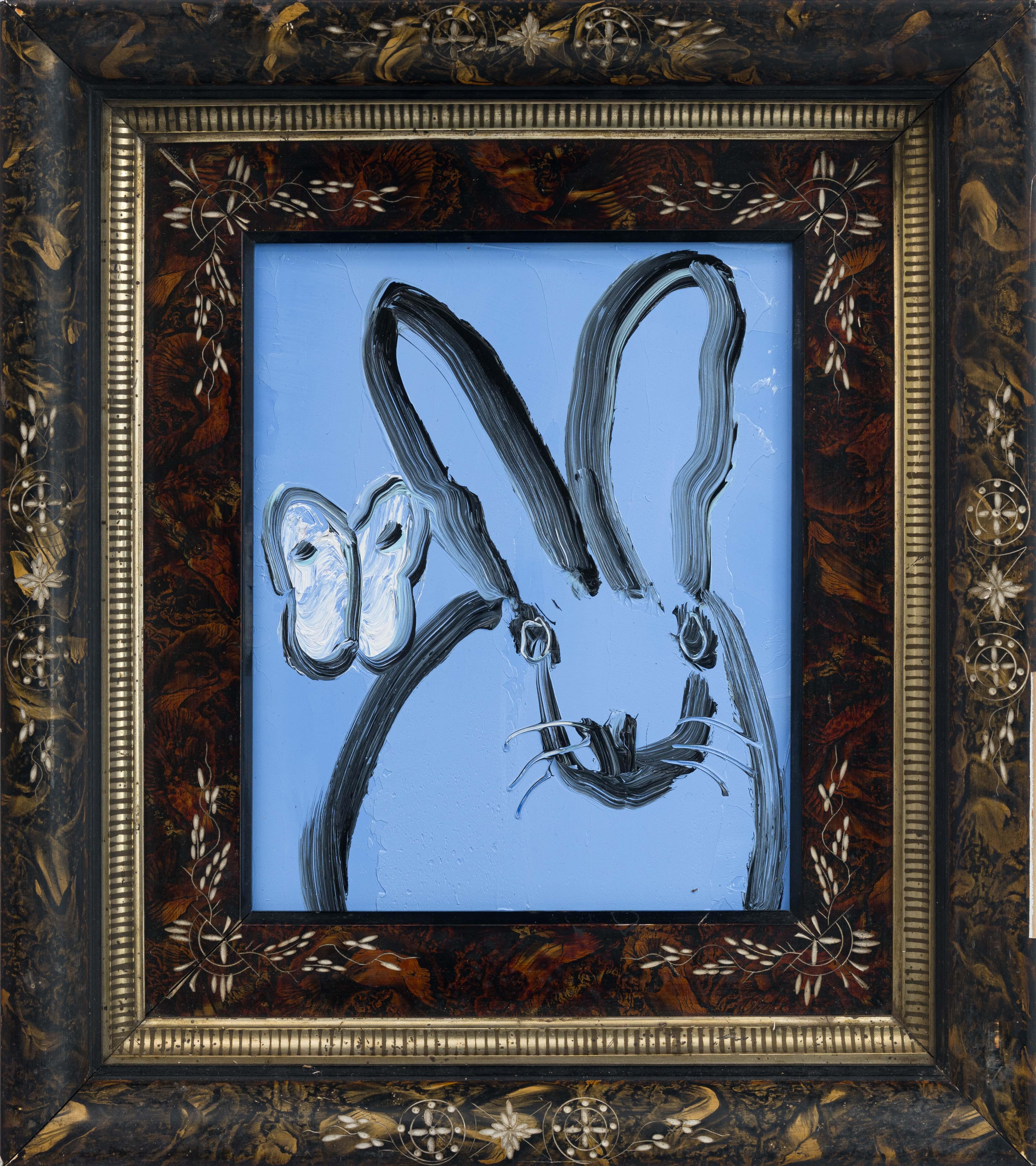 Hunt Slonem "Air & Earth" Blue Bunny and Butterfly Painting
A single rabbit and butterfly gestured in black and white on a blue background in a vintage frame

Unframed: 11 x 9 inches
Framed: 18 x 16 inches
*Painting is framed - Please note Hunt