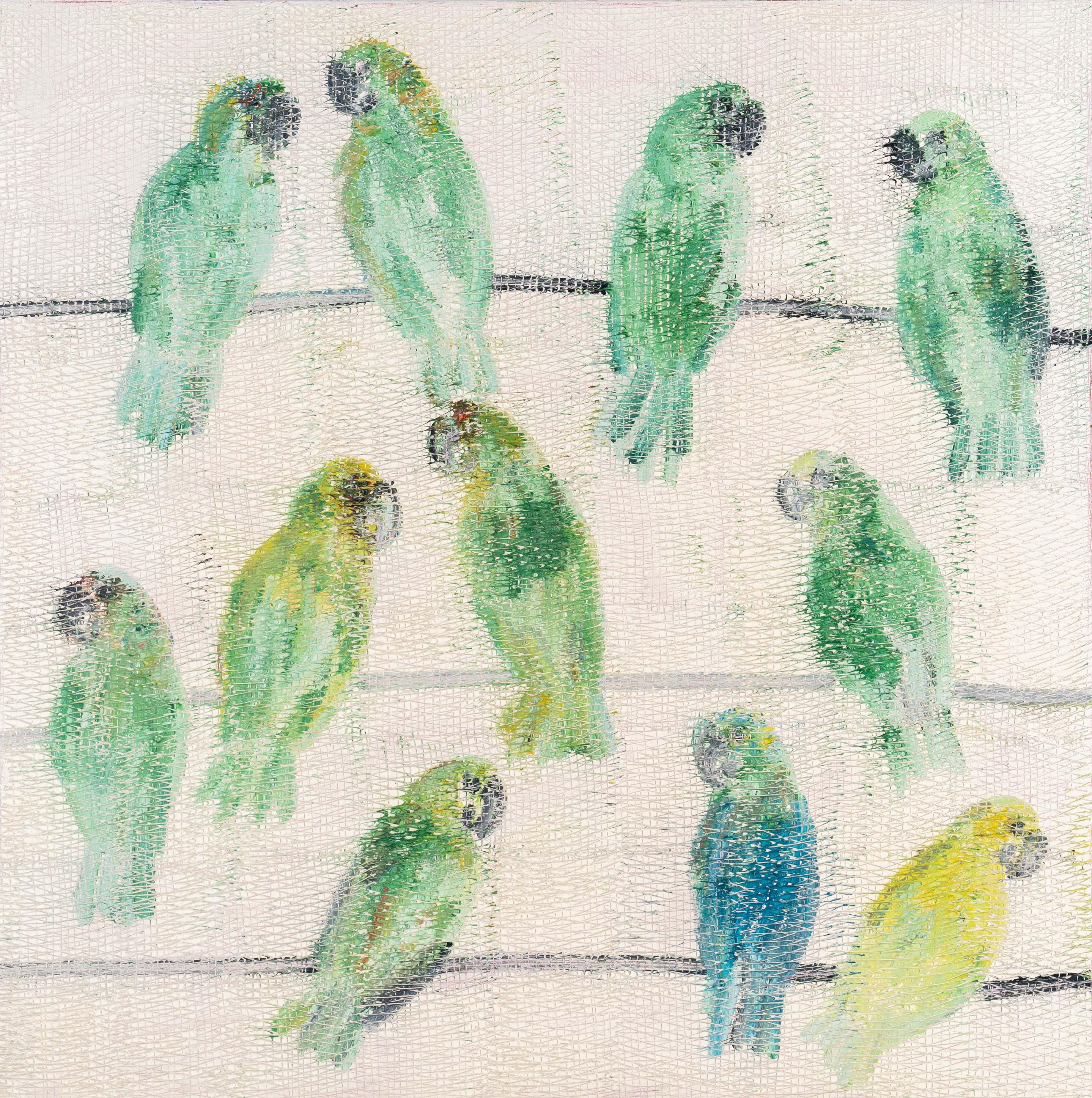 Hunt Slonem "Amazonas y Pionus" Aves Verdes