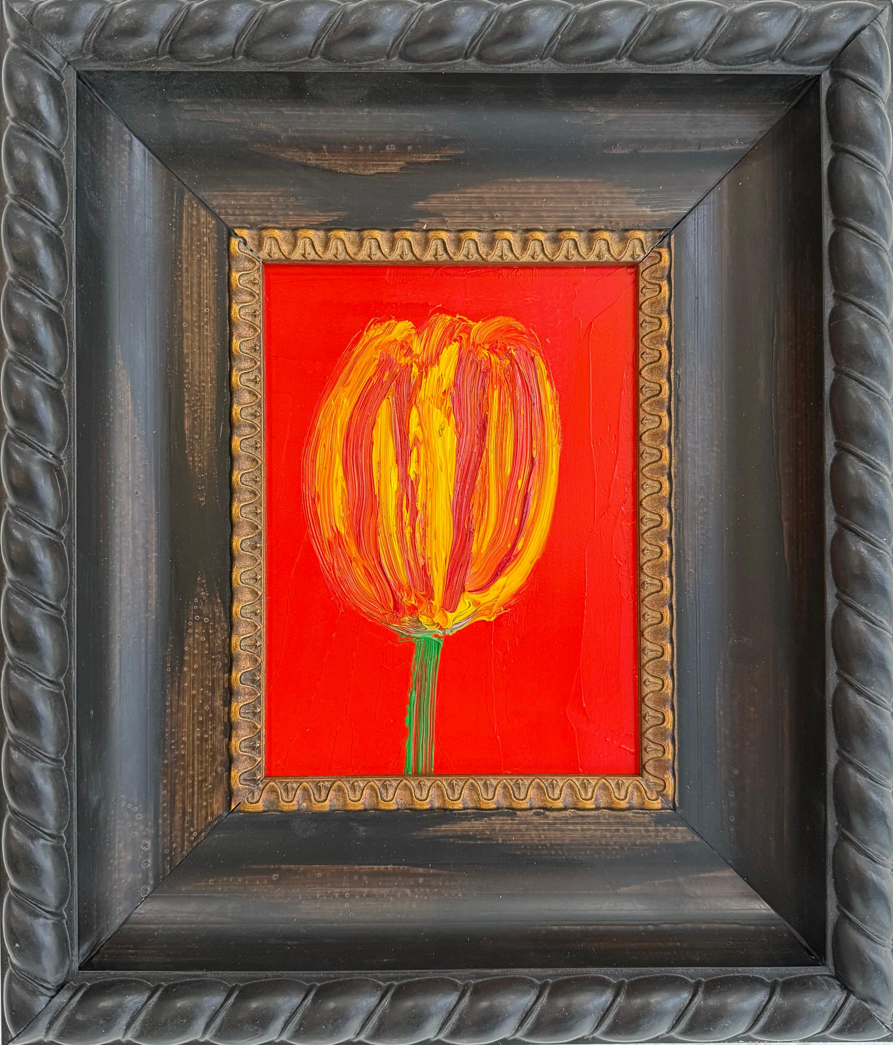 Hunt Slonem "Andre" Multicolor Flower on Red Background
A single tulip gestured in orange, red, green and yellow on a red background in a vintage frame

Unframed: 8 x 6 inches
Framed: 14 x 12 inches
*Painting is framed - Please note Hunt Slonem