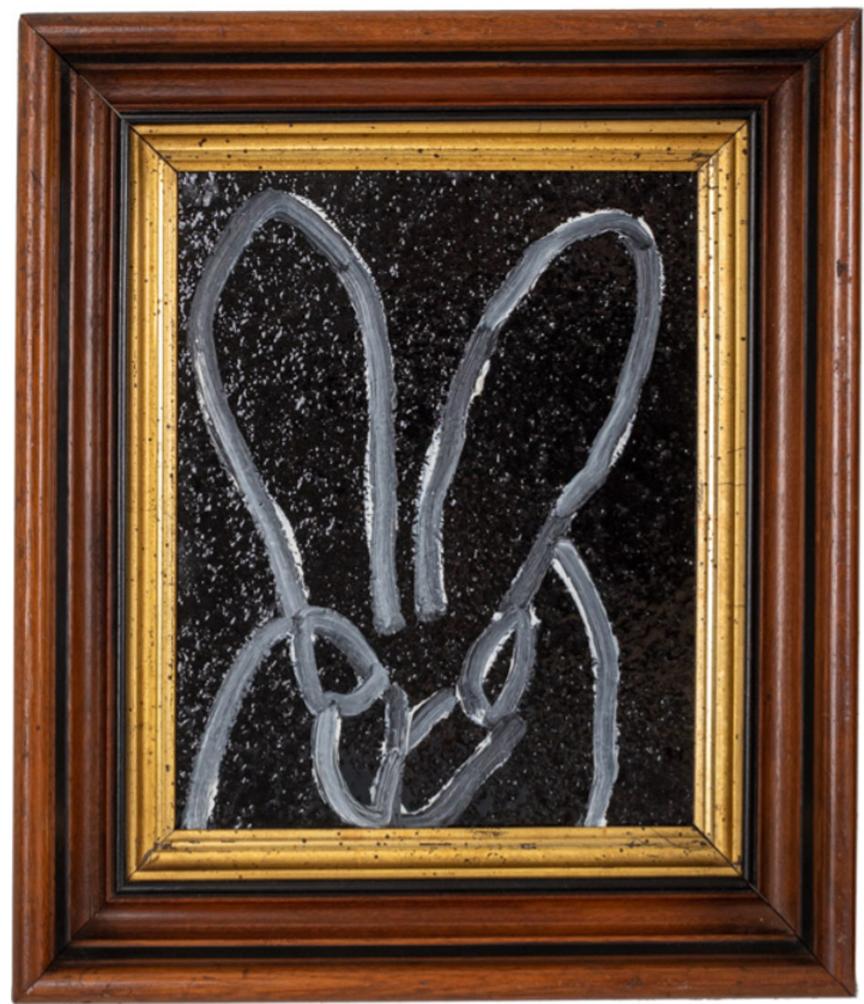 Renowned artist Hunt Slonem's "Art" is a 10x8 black and white oil painting with diamond dust on wood board of a contemporary abstract rabbit in his choice of antique framing.

*Painting is framed - Please note that not all Hunt Slonem frames are in