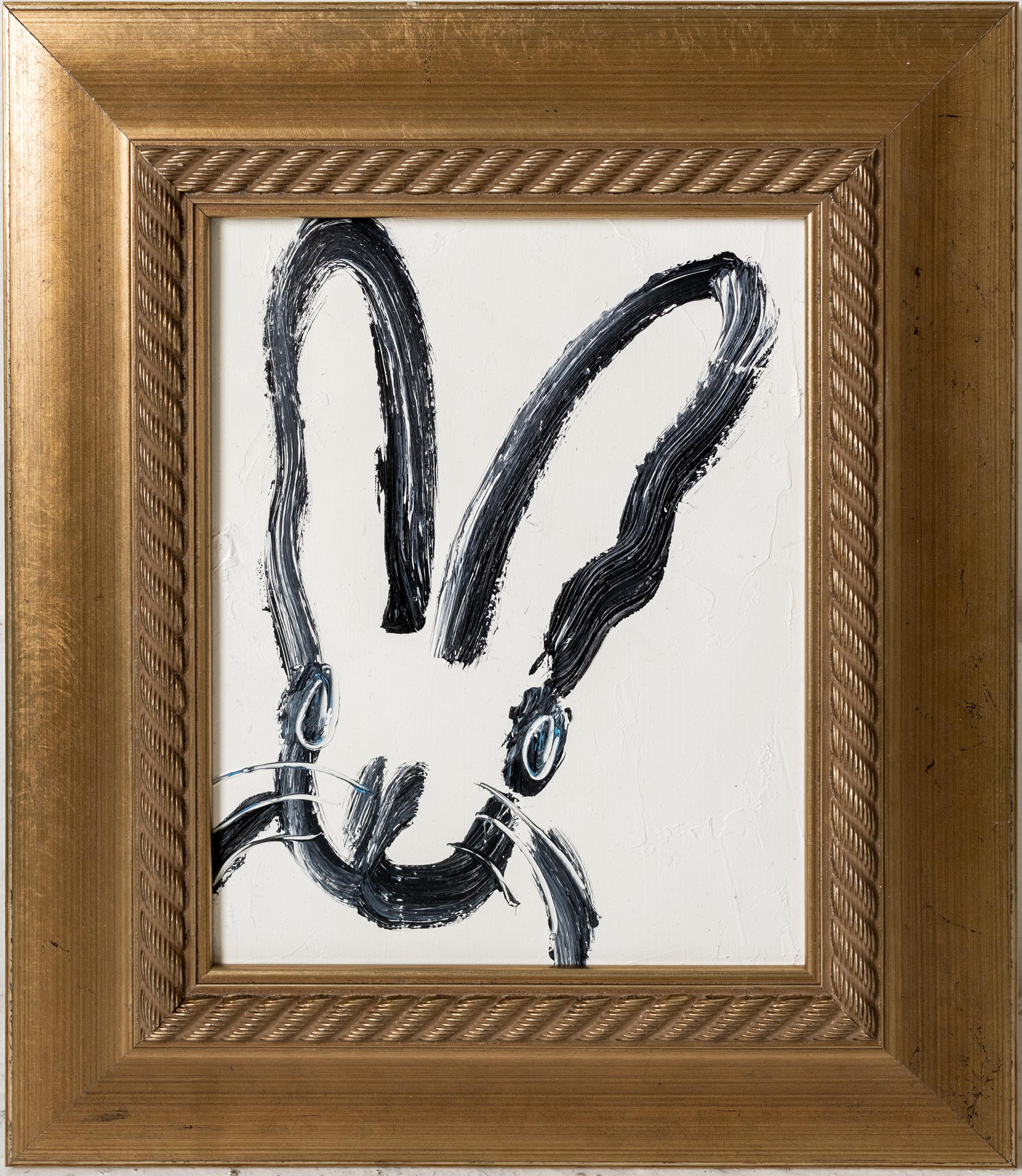 Hunt Slonem "Aura" Bunny on White Background
Black gestured bunny on a white background background in a vintage frame

Unframed: 10 x 8 inches  
Framed: 15 x 13 inches
*Painting is framed - Please note that not all Hunt Slonem frames are not in mint