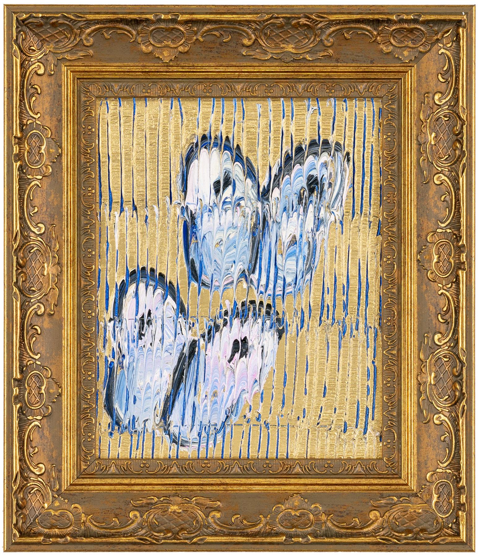 Hunt Slonem "Ascension" Light Blue Butterflies on Gold Metallic
Black outlined light blue and white butterflies on a blue etched gold metallic background in a gold vintage frame.

Unframed: 10 x 8 inches
Framed: 14.5 x 12.5 inches
*Painting is