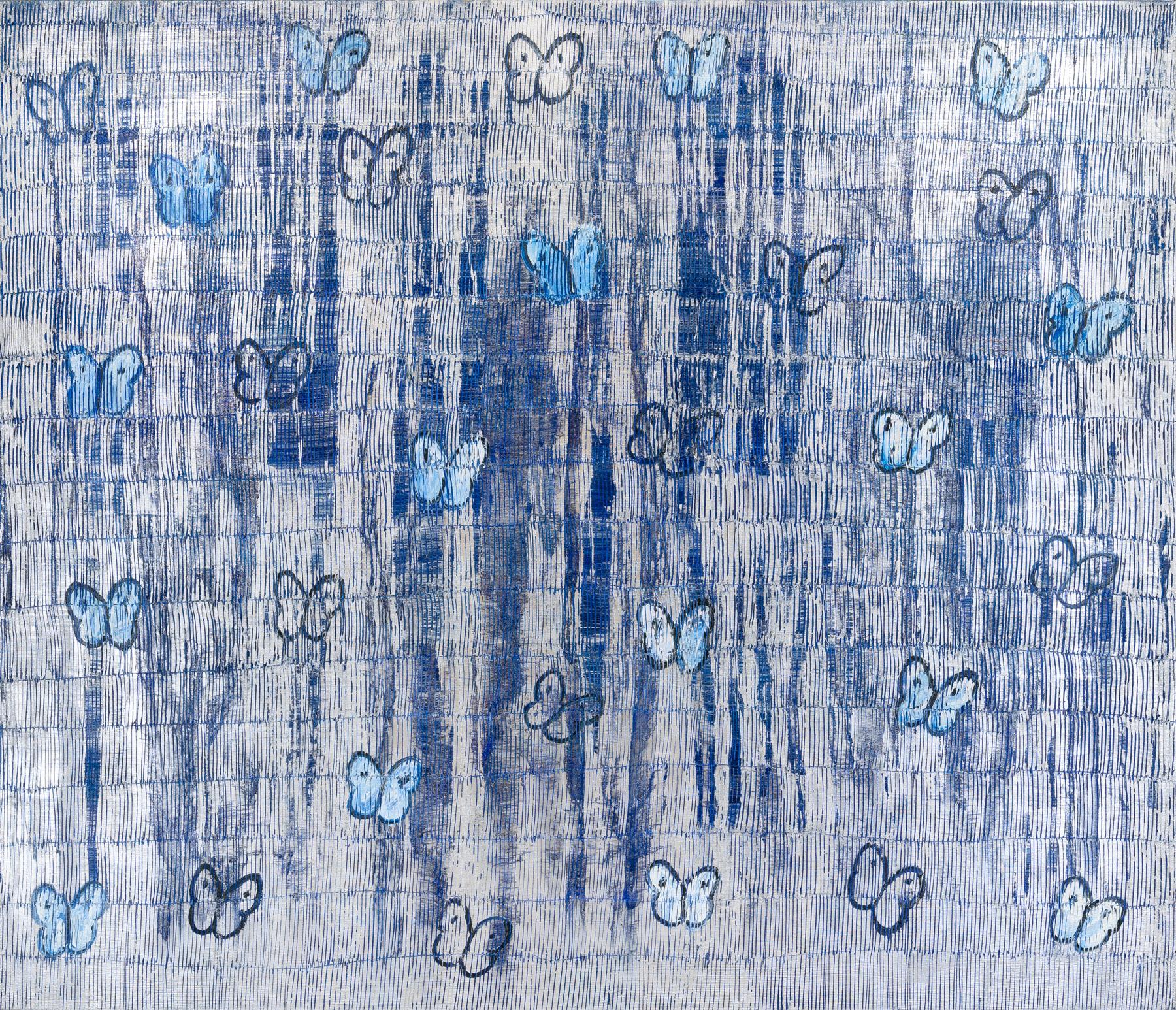 Hunt Slonem "Ascension Rain Storm" Blaue Schmetterlinge
Schwarz umrandete silberne und blaue Schmetterlinge auf einem hellblauen geätzten silbernen und dunkelblauen metallischen Hintergrund.

Ungerahmt: 72 x 84 Zoll
*Gemälde ist gerahmt - Bitte