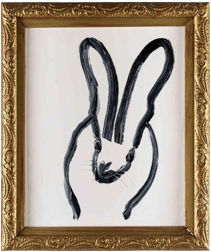 Hunt Slonem, "Agosto", 20x16 Pintura al óleo en blanco y negro de un conejito solitario