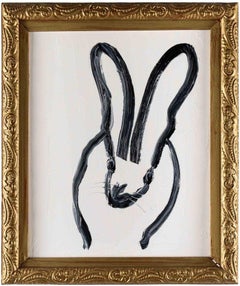 Hunt Slonem, "Agosto", 20x16 Pintura al óleo en blanco y negro de un conejito solitario