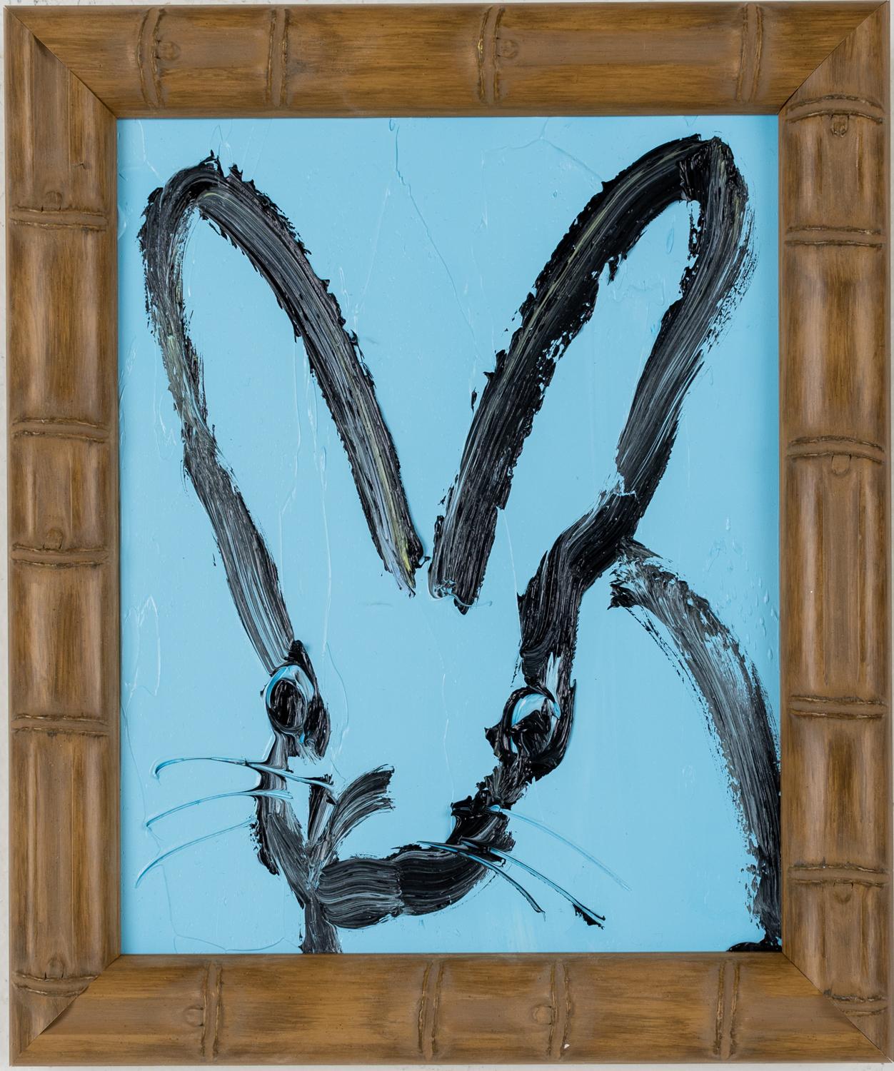 Hunt Slonem "Bamboo" Blue Bunny
Black outlined bunny on a blue background in an antique frame

Unframed: 10 x 8 inches
Framed: 12.5 x 10.5 inches
*Painting is framed - Please note Hunt Slonem paintings with frames may show signs of patina due to age