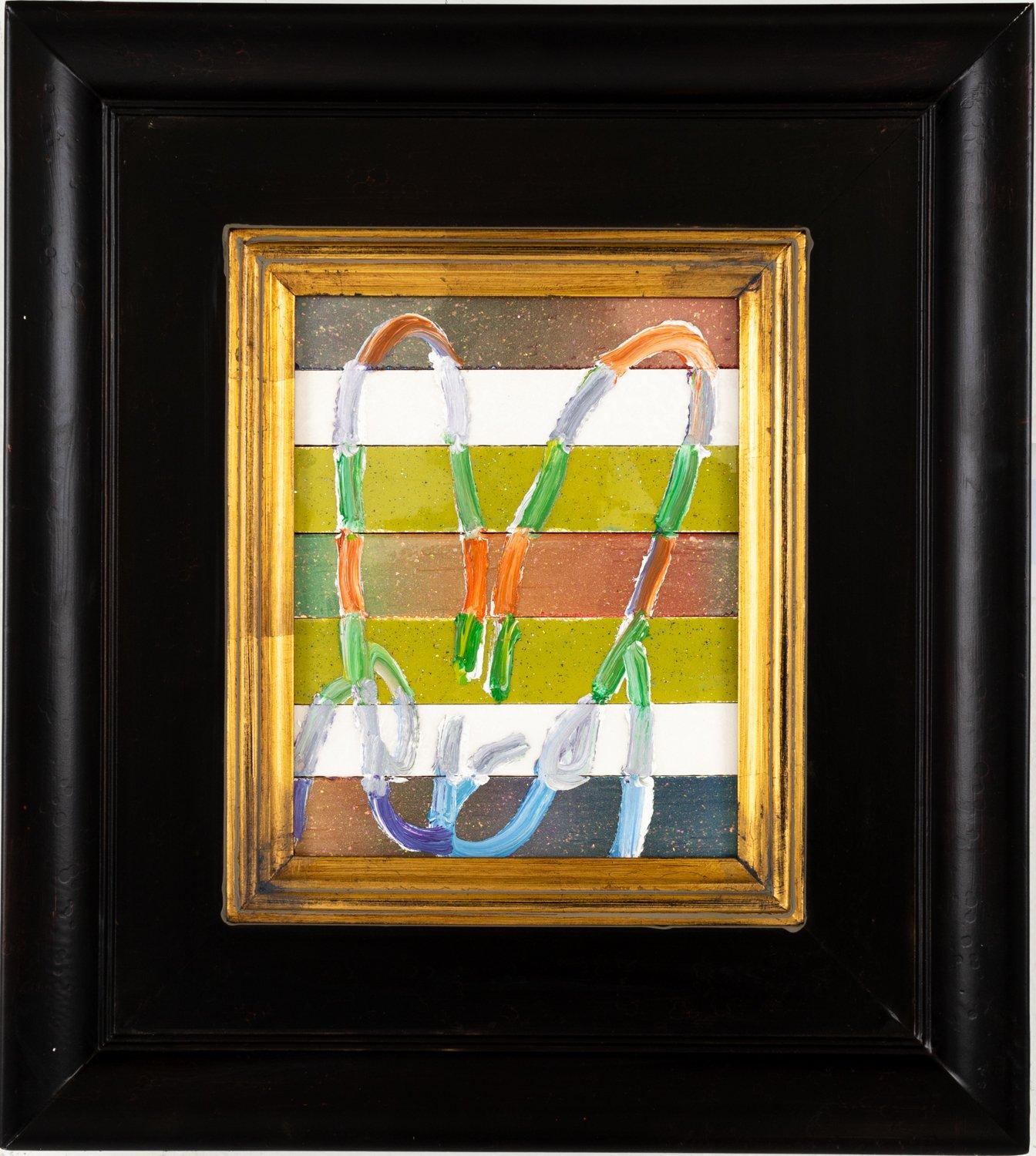 Renowned artist Hunt Slonem's "Banded" is a 10x8 oil painting on wood board of a single contemporary abstract rabbit in black against a multi-colored background.

*Painting is framed - Please note that not all Hunt Slonem frames are in mint