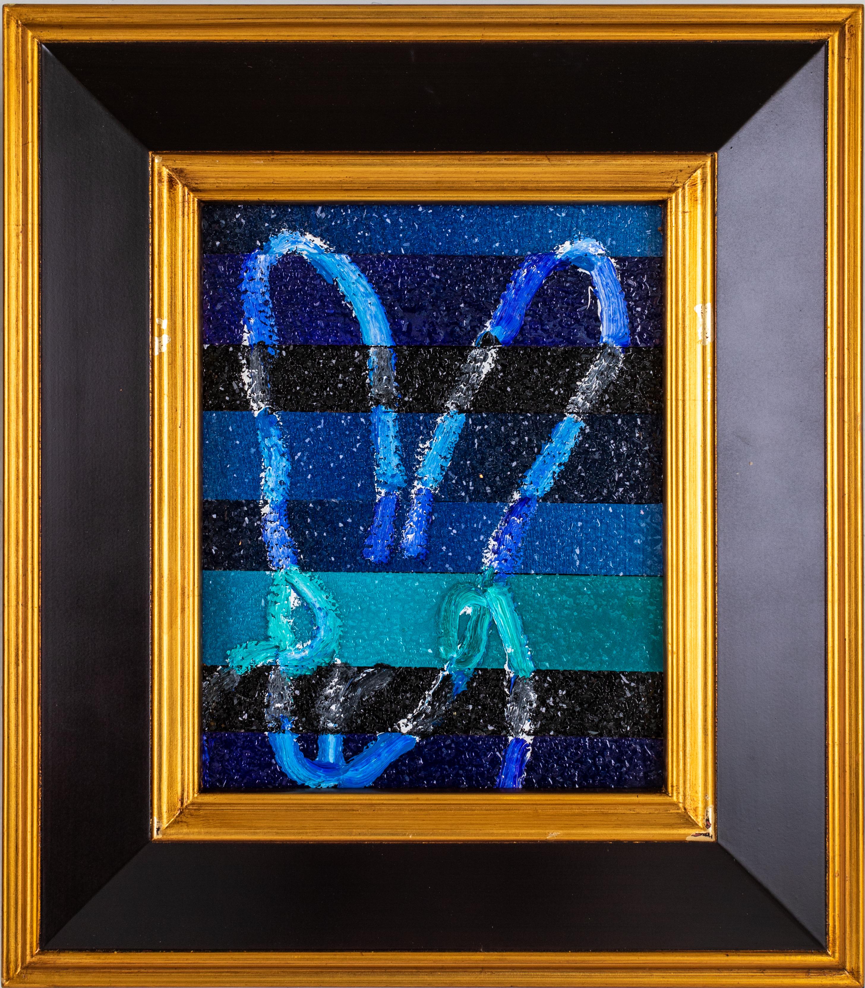 Hunt Slonem "Banded 1" Stripe Bunny
Diamond dust bunny painted over different cuts of diamond dust wood in an antique frame

Unframed: 10 x 8 inches  
Framed: 16.5 x 14.5 inches
*Painting is framed - Please note that not all Hunt Slonem frames are