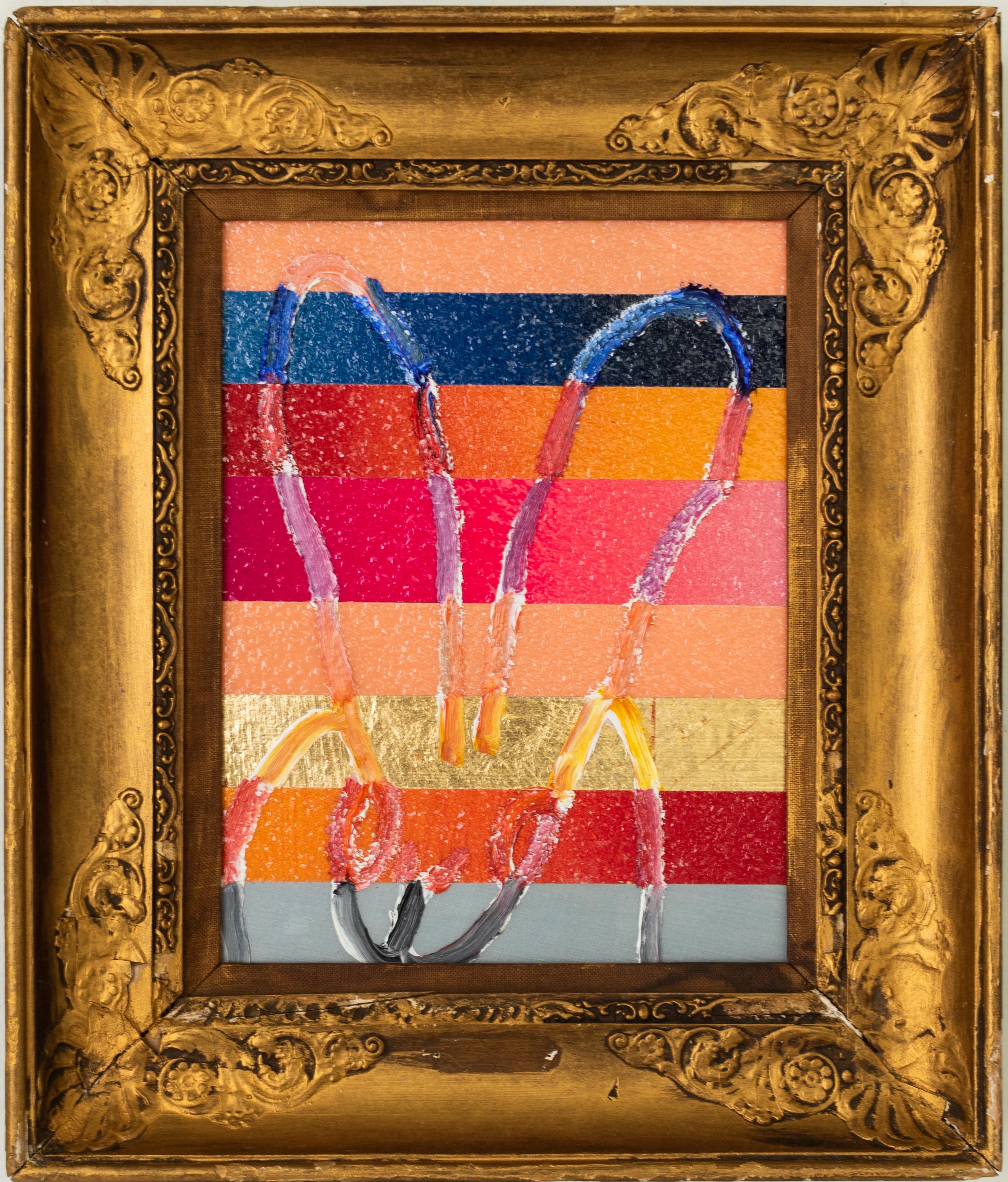Hunt Slonem "Banded" Multicolored Bunny
Gestured bunny on mixed media multicolored striped background in a vintage frame. Part of Hunt Slonem
s "Road Runner" series.

Unframed: 10 x 8 inches  
Framed: 18 x 15.5 inches
*Painting is framed - Please