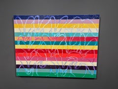 Hunt Slonem, "Banked Banded" 30x40 Multicolored Stripe Bunny Rabbit Oil Painting