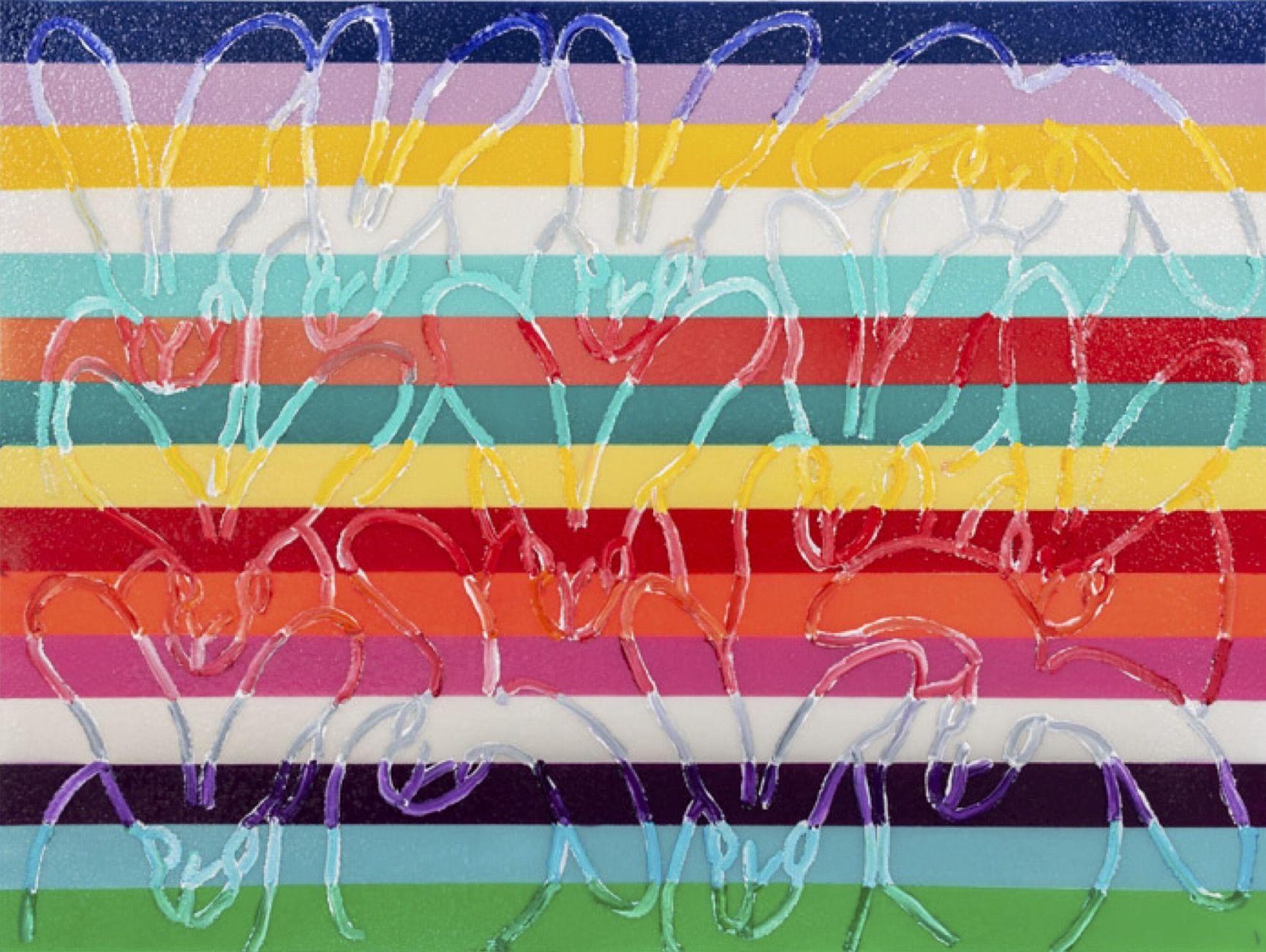Renowned artist Hunt Slonem's "Banked Banded" is a 30 x 40 multicolored oil painting on canvas of contemporary abstract bunny in white and diamond dust.  The unique background features 15 blocks of color (green, purple, yellow and reds) forming
