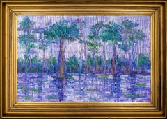 Hunt Slonem "Bayou" Neo-Expressionist Textured Landscape Oil on Wood Painting