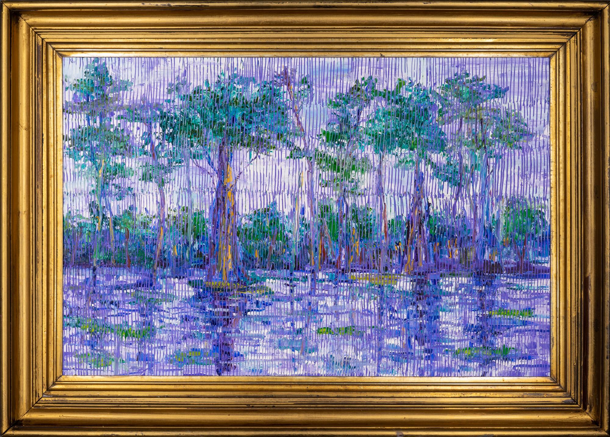 This oil painting on wood by Hunt Slonem is framed in an antique frame with patina. The price reflects the framed piece. Unframed dimensions: 24.5 x 37.25 inches.  

Inspired by nature and his 60 pet birds, Hunt Slonem is renowned for his distinct