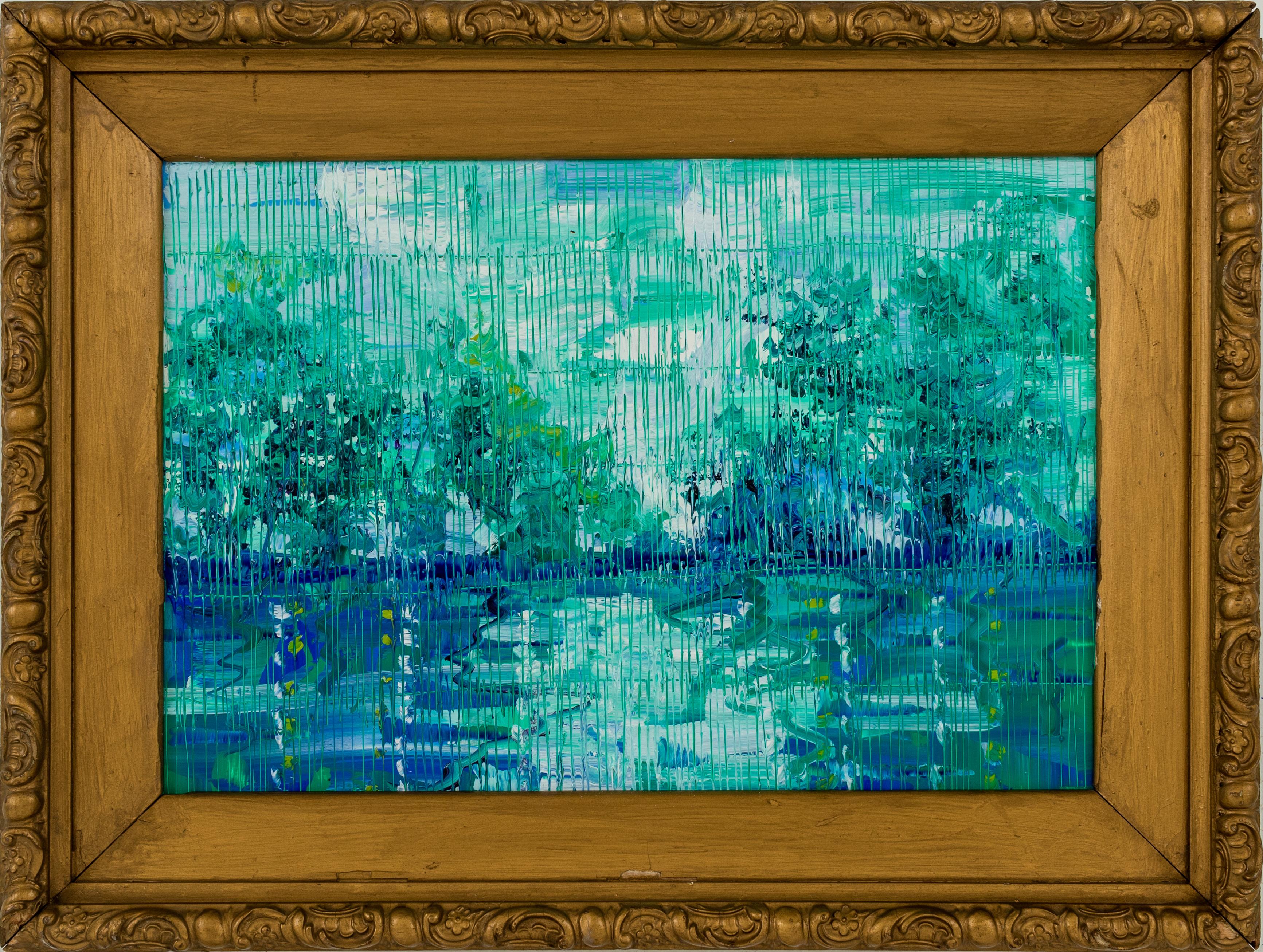 Hunt Slonem "Bayou Teche" Blue & Green Bayou
Landscape painting of Louisiana Bayou Teche in shades of blue and green scored in an antique frame

Unframed: 13.5 x 19.5 inches  
Framed: 31.5 x 27.5 inches
*Painting is framed - Please note that not all