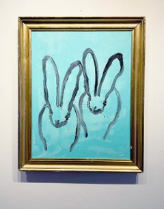 Hunt Slonem "Beach" 28.5x22.5 Contemporary Turquoise Bunny Oil Painting on Board