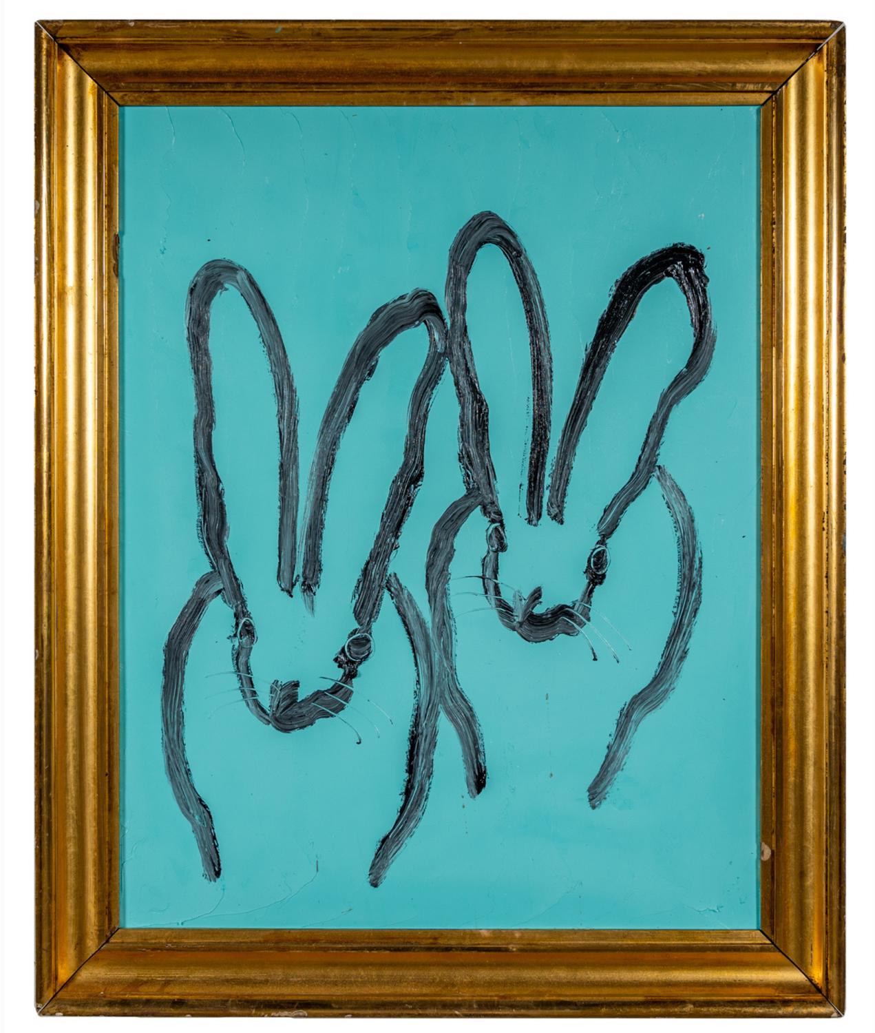 Renowned artist Hunt Slonem's "Beach" is a 28.5 x 22.5 black and turquoise oil painting on wood board featuring a contemporary abstract outline of a rabbit in Slonem's choice of antique framing.

*Painting is framed - Please note that not all Hunt