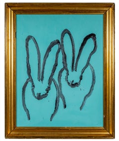 Hunt Slonem "Beach" 28.5x22.5 Contemporary Turquoise Bunny Oil Painting on Board