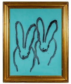 Hunt Slonem "Spiaggia" 28,5x22,5 Pittura a olio su tavola contemporanea coniglietto turchese