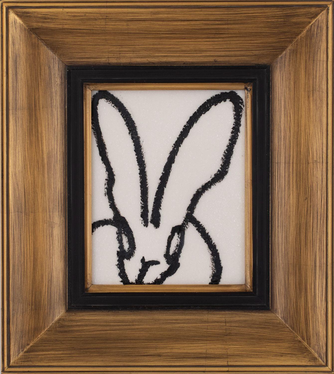 Renowned artist Hunt Slonem's "Black Bunny on White" 10x8 black and white oil and diamond dust painting on wood board of a contemporary abstract rabbit in his choice of antique framing.

*Painting is framed - Please note that not all Hunt Slonem