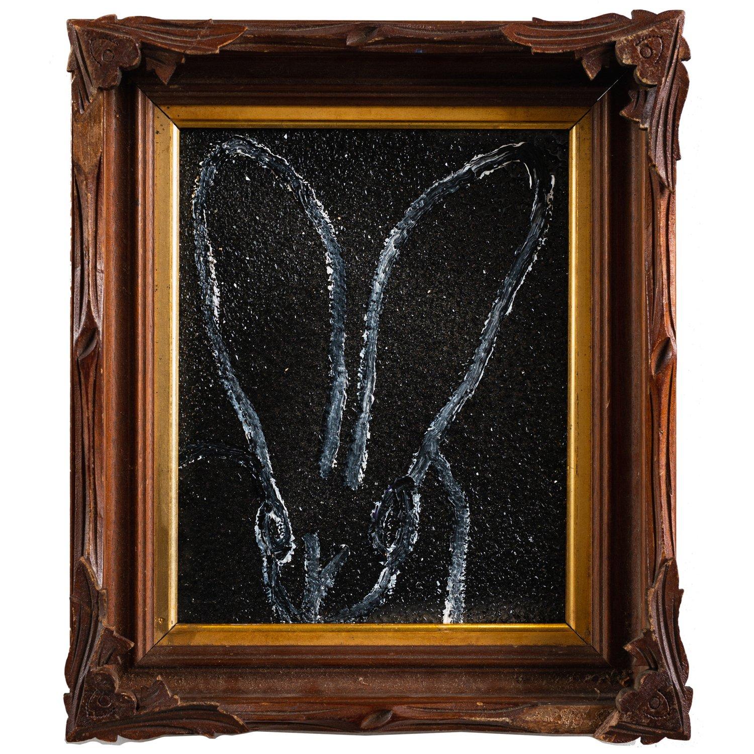 Renowned artist Hunt Slonem's "Nightwatch II" is a 10x8 black background and white rabbit oil painting with diamond dust on wood board of a contemporary abstract rabbit in his choice of antique framing.

*Painting is framed - Please note that not