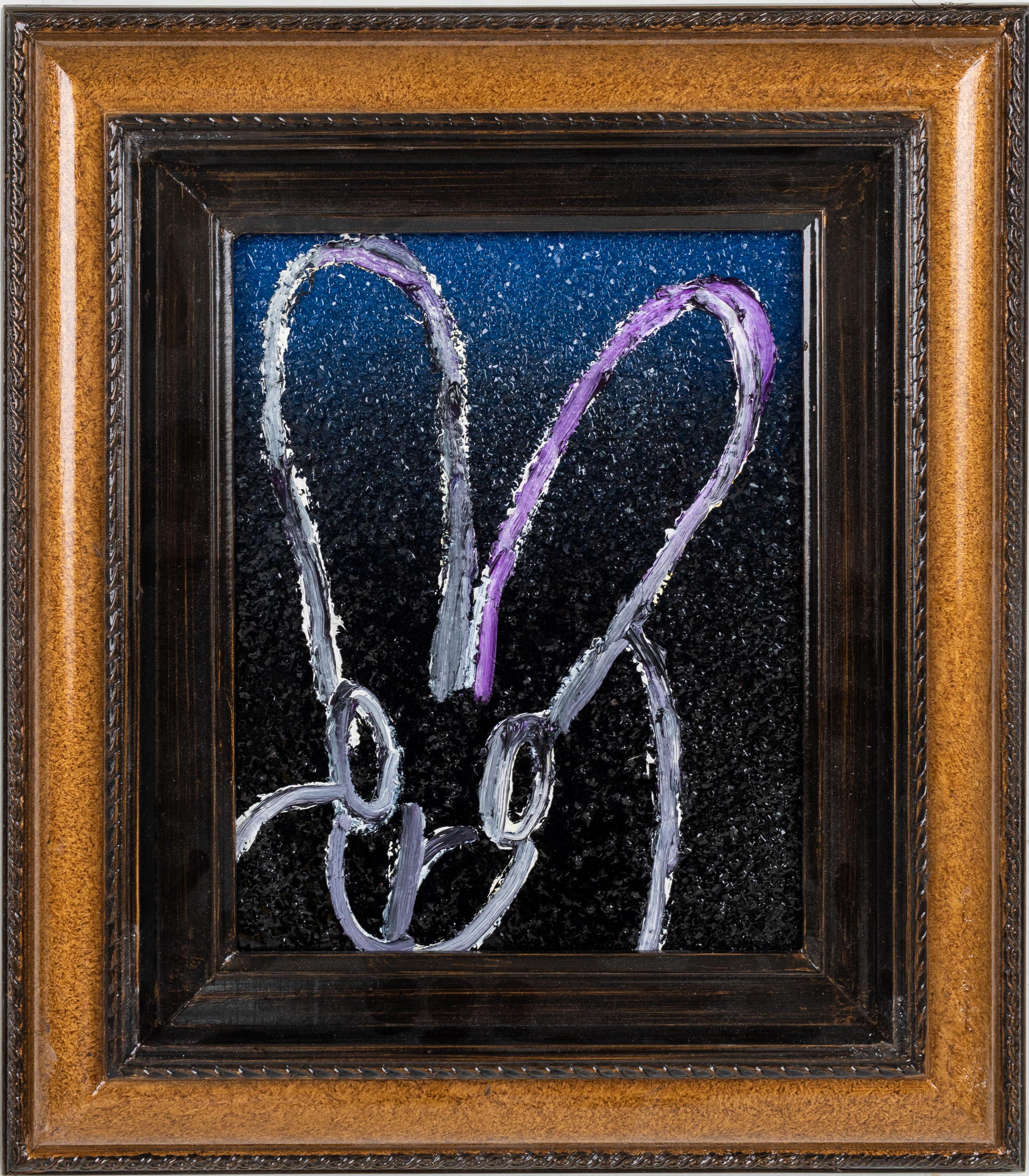 Hunt Slonem "Black Diamond" Dust Bunny
Light grey with a hint of purple gestured bunny on a black ombre diamond dust background in a vintage frame

Unframed: 10 x 8 inches  
Framed: 16 x 14 inches
*Painting is framed - Please note that not all Hunt