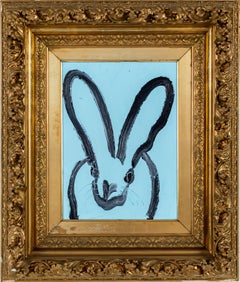 Hunt Slonem "Blue Bunny" Black Outline Bunny On Blue