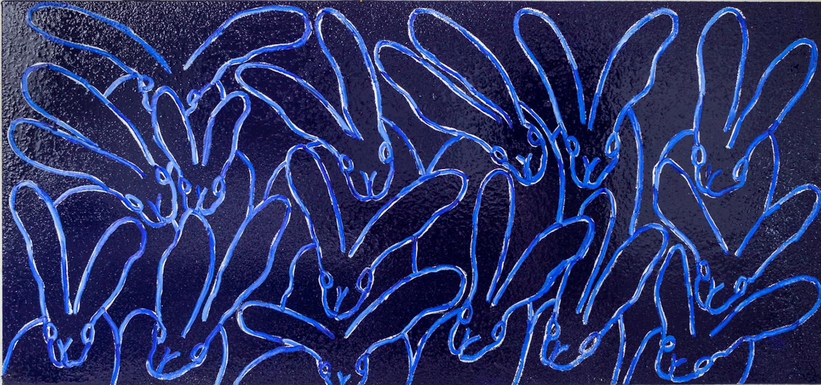 Hunt Slonem "Blue Diamond" Blue Bunnies with Diamond Dust
White outlined bunnies on a blue diamond dust background

Unframed: 28 x 60 inches

Hunt Slonem is a well-renowned American artist known for his neo-expressionist
paintings of butterflies,