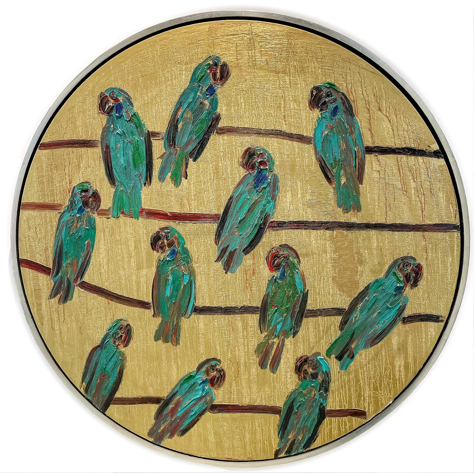 "Blue Front Amazon" is a Neo-Expressionist oil painting on a round canvas, depicting 11 parrots sitting on branches  surrounded with a golden background that amplifies the parrots colors. 

This piece is finished in a matte silver floater frame.
